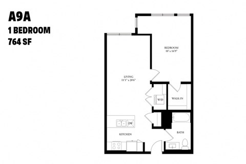 Floor plan for 1 bed, 1 bath, 764 sqft